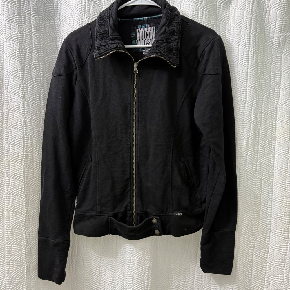 Volcom Black Knit Collar‎ Zip Up Jacket Women's Size L Athletic Casual